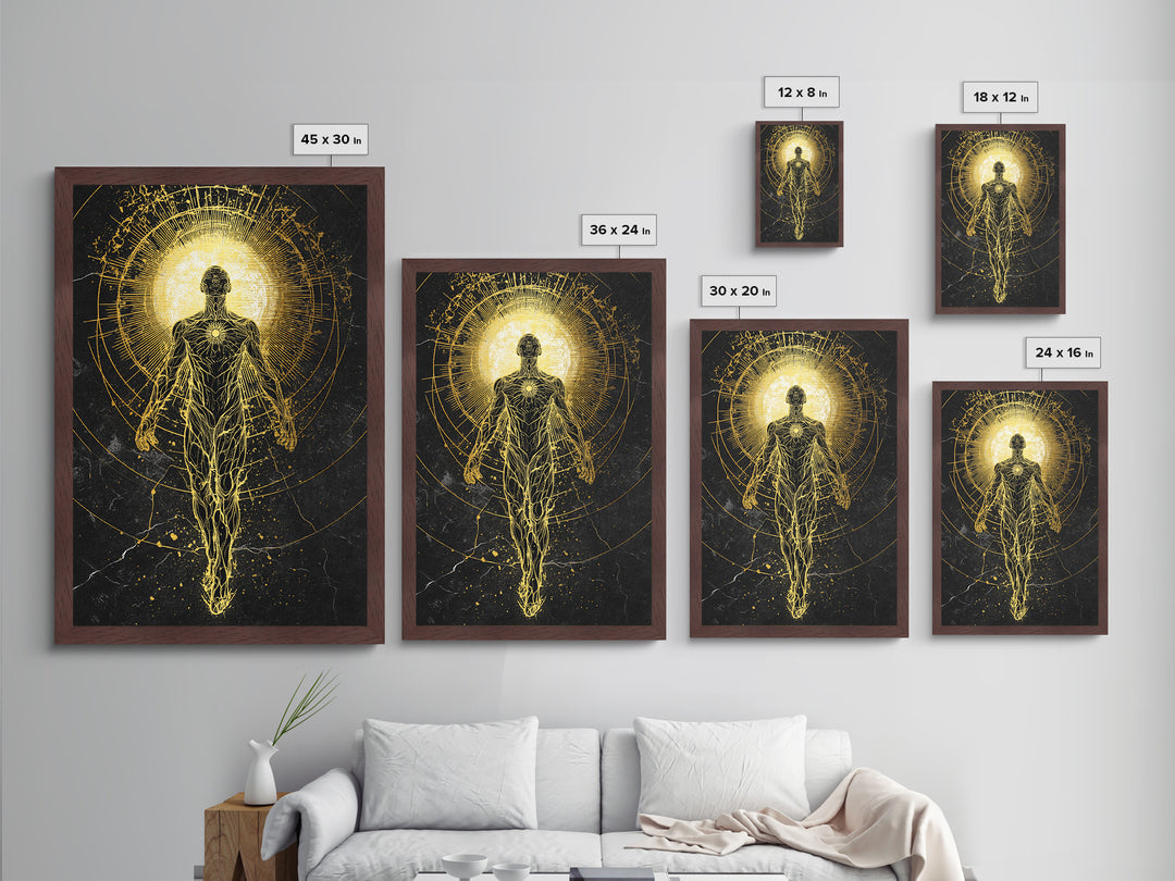Divine Ascension Figure, Metallic Gold Art, Mythology Wall Print, Real Wood Frame Decor, Ancient Greek Inspired Metal Artwork