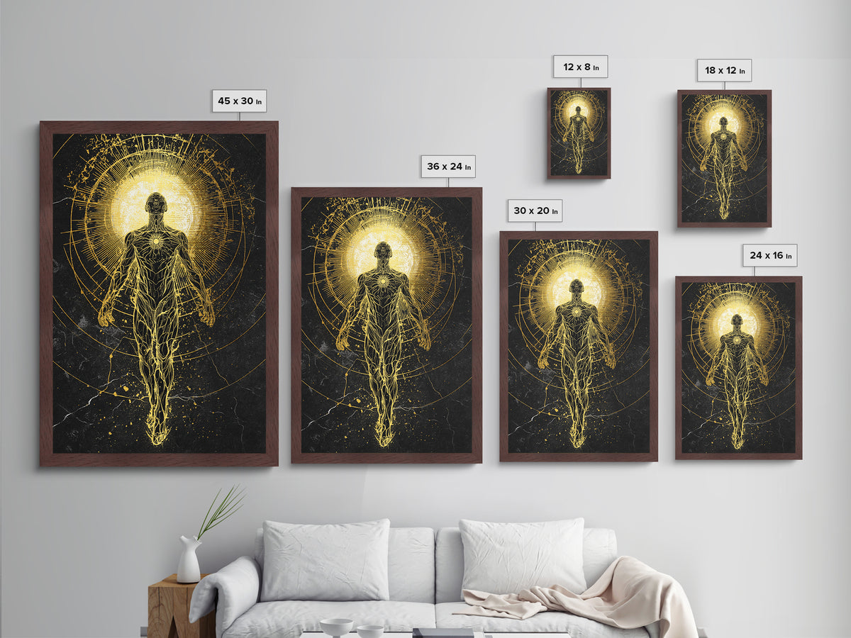 Divine Ascension Figure, Metallic Gold Art, Mythology Wall Print, Real Wood Frame Decor, Ancient Greek Inspired Metal Artwork