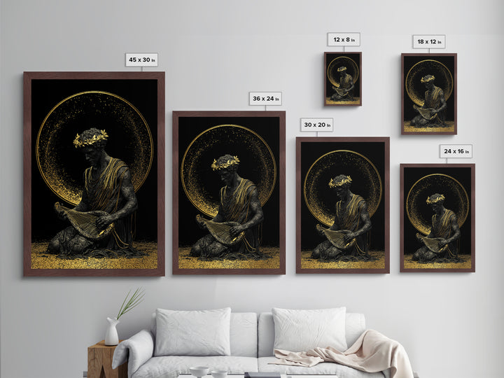 Apollo God Of Music Metallic Gold Metal Print, Greek Mythology Art With Lyre, Real Wood Framed Classical Decorative Wall Art