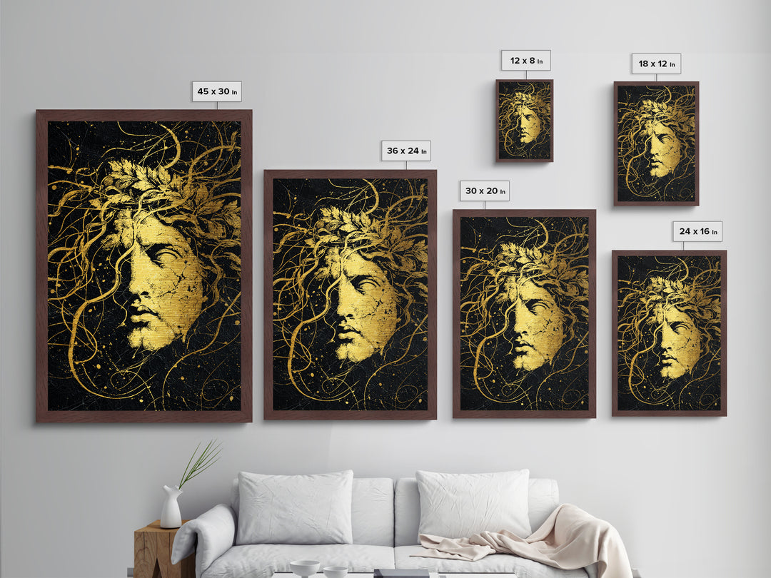 Apollo Greek Statue Metallic Gold Metal Print, Mythological Music And Light Inspired Art, Real Wood Framed Wall Decoration