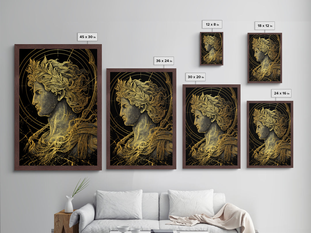 Apollo God Of Light Metallic Gold Metal Print, Classical Greek Mythology Artwork, Real Wood Frame Decorative Ancient Wall Art