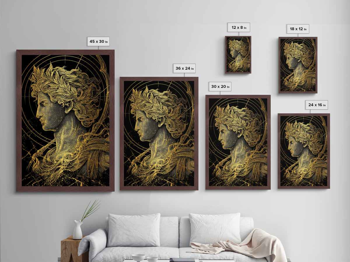 Apollo God Of Light Metallic Gold Metal Print, Classical Greek Mythology Artwork, Real Wood Frame Decorative Ancient Wall Art