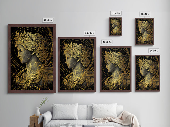 Apollo God Of Light Metallic Gold Metal Print, Classical Greek Mythology Artwork, Real Wood Frame Decorative Ancient Wall Art