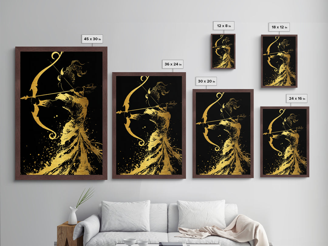 Artemis Goddess Metallic Gold Metal Print, Greek Mythology Archer Huntress Artwork, Real Wood Framed Ancient Decorative Wall Art