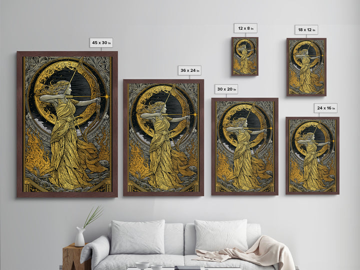 Artemis Greek Goddess Metallic Gold Metal Print, Bow And Arrow Mythology Inspired Artwork, Real Wood Frame Decorative Wall Art