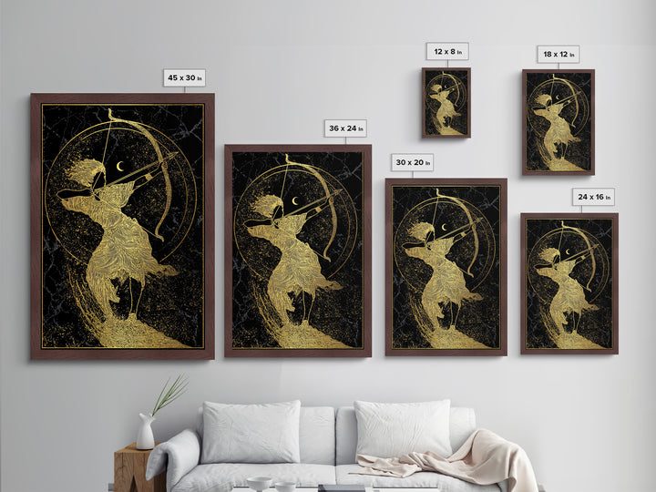 Divine Archer Artemis Illustration, Metallic Gold Metal Print, Real Wood Frame, Greek Goddess Wall Hanging, Myth Art Decor