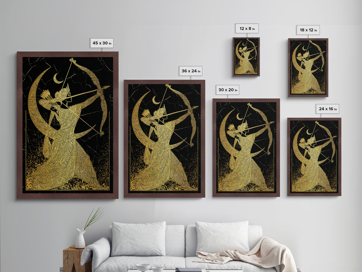 Artemis Lunar Goddess Archery Scene, Metallic Gold Art Print, Real Wood Frame, Mythology Wall Art, Elegant Greek Decor