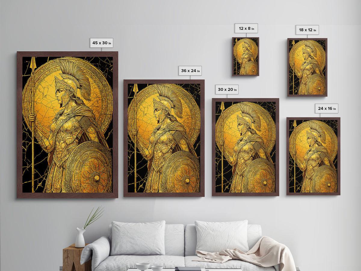 Athena Warrior Goddess With Spear And Shield, Metallic Gold Metal Print, Real Wood Frame, Greek Myth Wall Art, Strength Decor