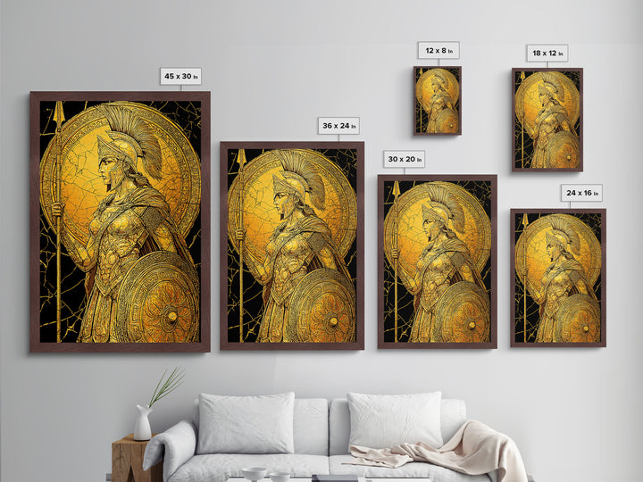 Athena Warrior Goddess With Spear And Shield, Metallic Gold Metal Print, Real Wood Frame, Greek Myth Wall Art, Strength Decor