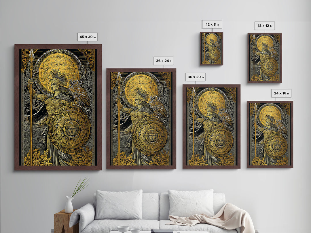 Athena With Owl Wisdom Goddess Art, Metallic Gold Art Print, Real Wood Frame, Greek Mythology Wall Hanging, Protection Decor