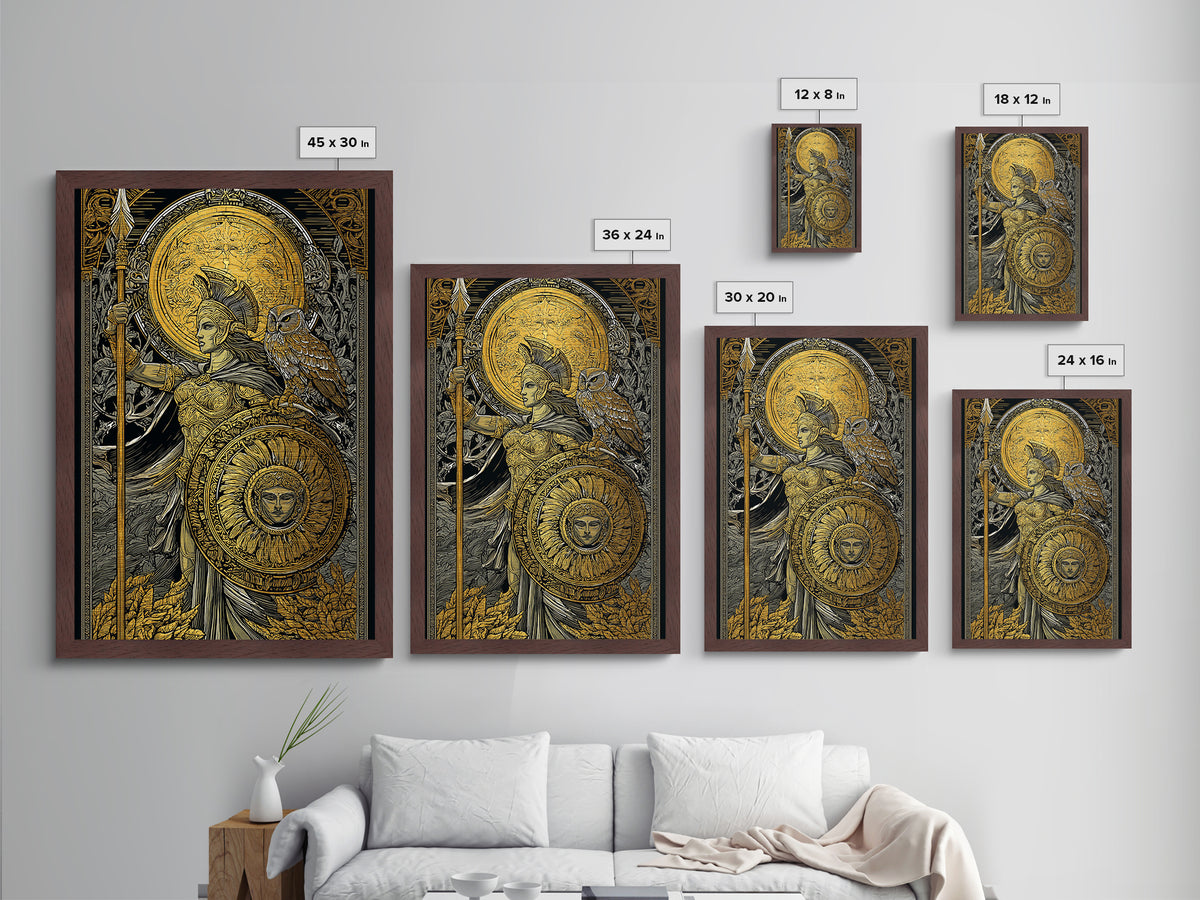 Athena With Owl Wisdom Goddess Art, Metallic Gold Art Print, Real Wood Frame, Greek Mythology Wall Hanging, Protection Decor