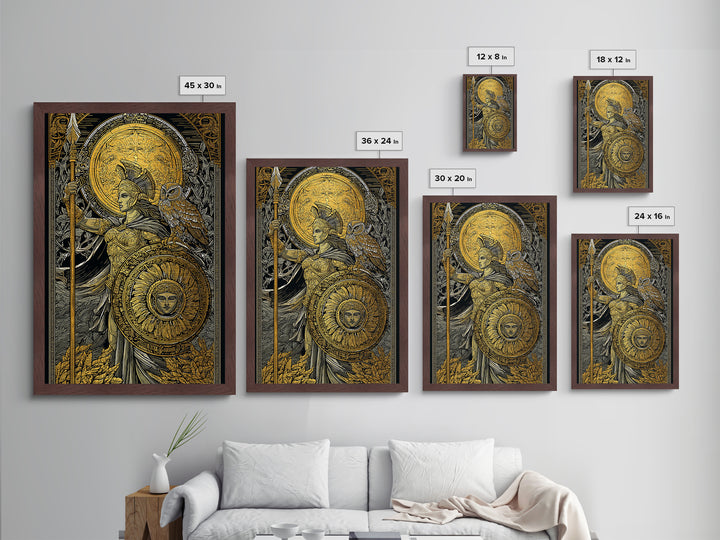 Athena With Owl Wisdom Goddess Art, Metallic Gold Art Print, Real Wood Frame, Greek Mythology Wall Hanging, Protection Decor