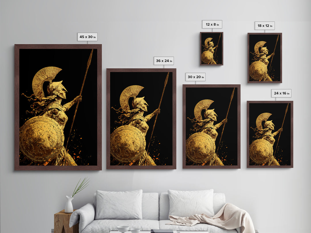 Athena Warrior Goddess With Spear And Shield, Metallic Gold Metal Print, Real Wood Frame, Greek Mythology Wall Art