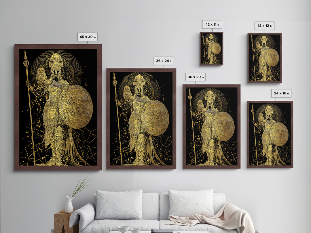 Athena With Owl And Shield Of Wisdom, Metallic Gold Art Print, Real Wood Frame, Ancient Greek Mythology Warrior Decor