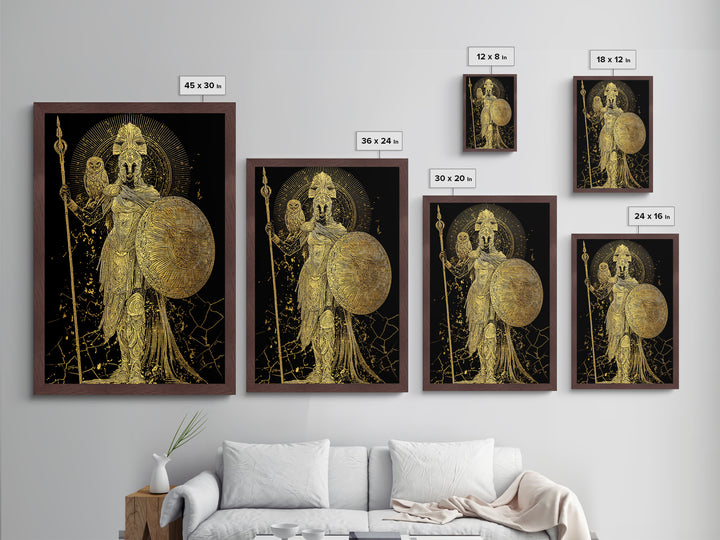Athena With Owl And Shield Of Wisdom, Metallic Gold Art Print, Real Wood Frame, Ancient Greek Mythology Warrior Decor