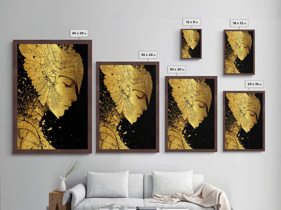 Athena Close Up Portrait In Armor, Metallic Gold Metal Print, Real Wood Frame, Greek Goddess Warrior Mythology Wall Art