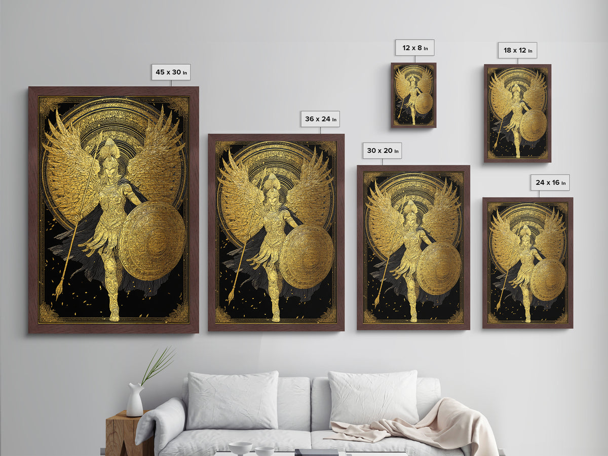 Athena Winged Warrior Goddess With Shield, Metallic Gold Art Print, Real Wood Frame, Greek Mythology Goddess Wall Decor