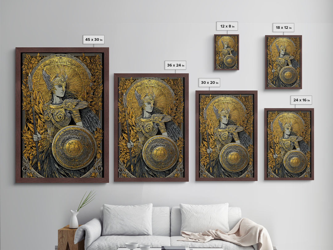Athena Goddess Of Wisdom With Spear, Metallic Gold Metal Print, Real Wood Frame, Greek Mythology Warrior Goddess Art