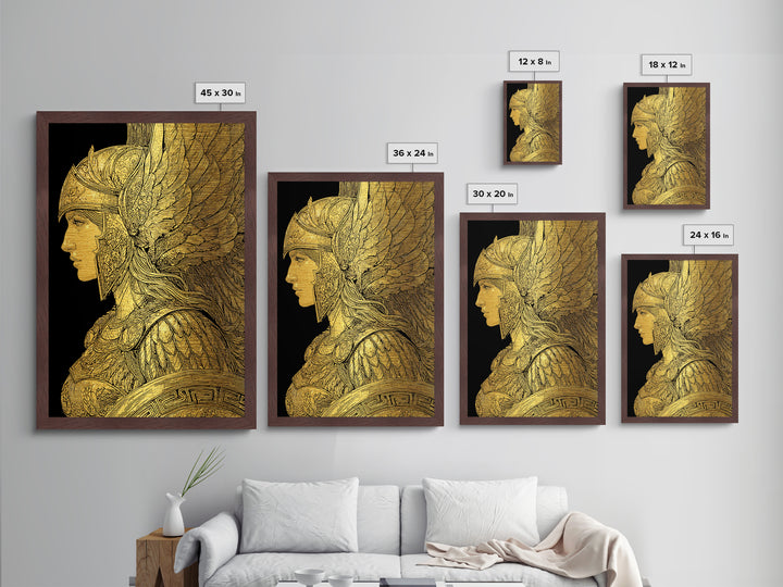 Athena Warrior Goddess Profile With Wings, Metallic Gold Art Print, Real Wood Frame, Greek Mythology Goddess Wall Art