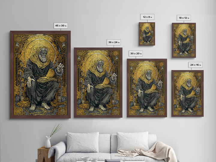 Boethius Philosopher With Ancient Manuscript, Metallic Gold Metal Print, Real Wood Frame, Medieval Wisdom Wall Decor