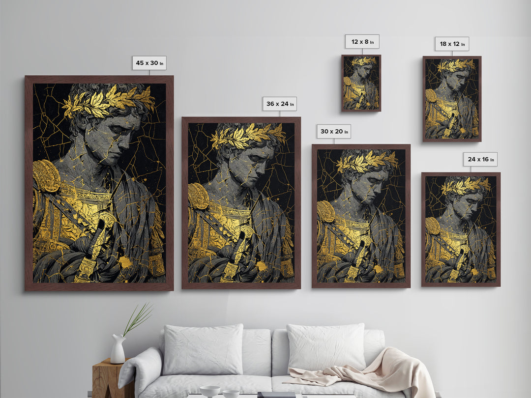 Roman Emperor Bust With Laurel Crown, Metallic Gold Metal Print, Classical Sculpture Wall Art, Real Wood Frame Home Decor