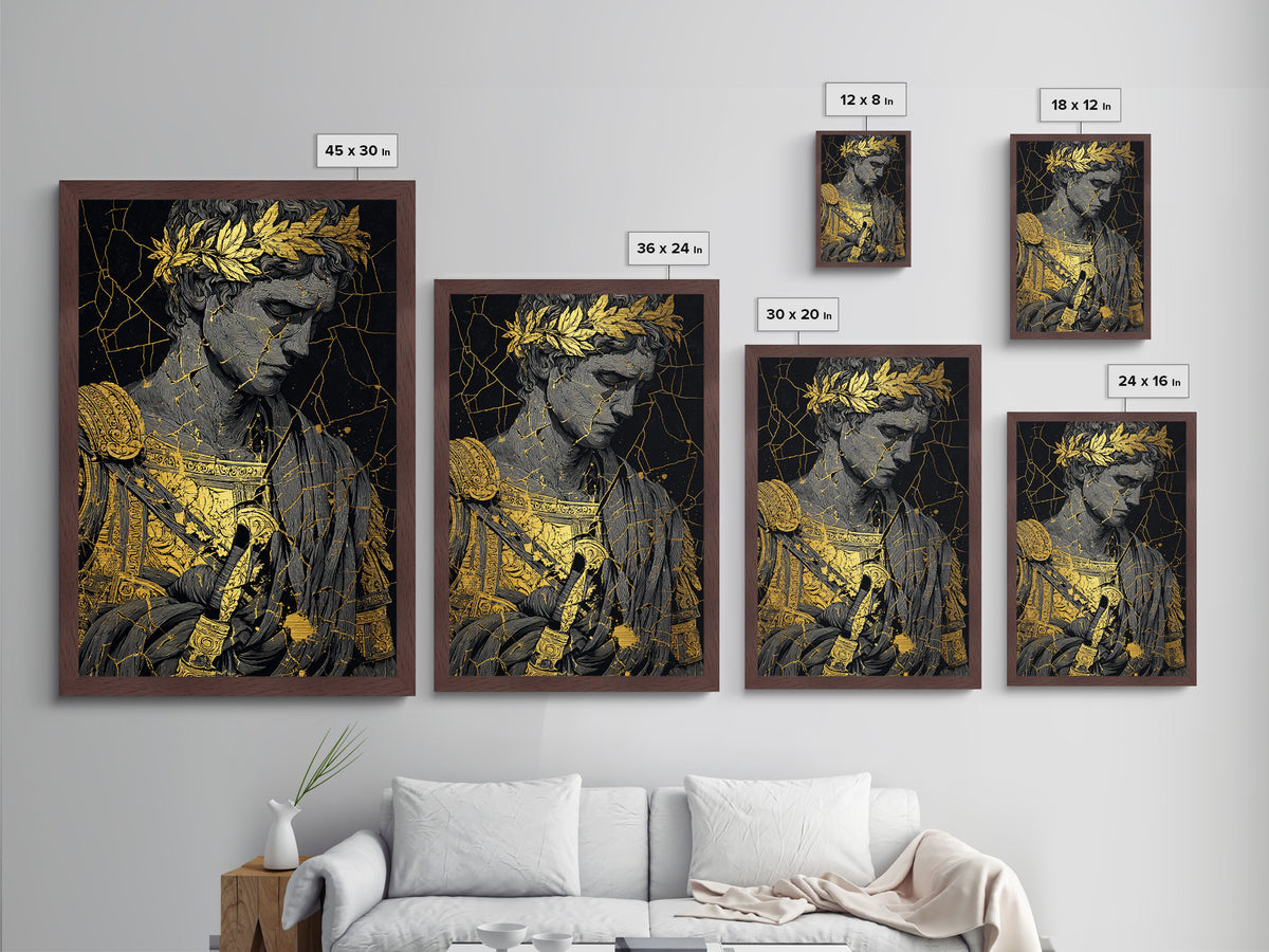 Roman Emperor Bust With Laurel Crown, Metallic Gold Metal Print, Classical Sculpture Wall Art, Real Wood Frame Home Decor