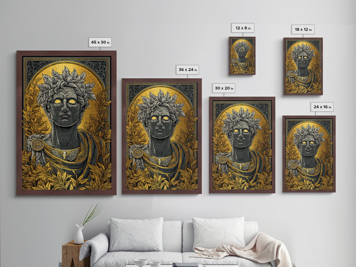Apollo God Bust Surrounded By Laurel Leaves, Metallic Gold Art Print, Greek Mythology Wall Decor, Real Wood Frame Artwork