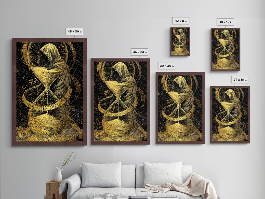 Hooded Figure In Hourglass Timepiece, Metallic Gold Art Print, Mythological Decorative Wall Art, Symbolic Design, Real Wood Frame