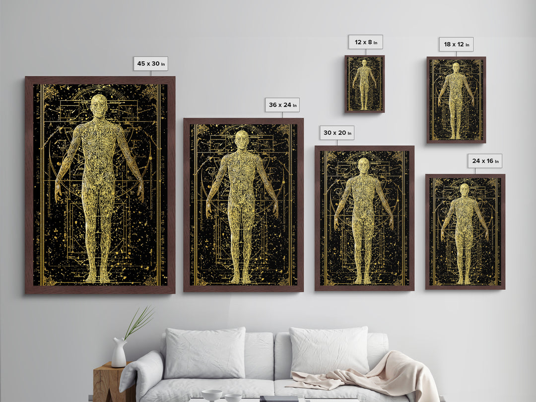 Vitruvian Human Anatomy Metallic Gold Metal Print, Sacred Geometry Wall Art, Celestial Body Illustration, Real Wood Frame Decor
