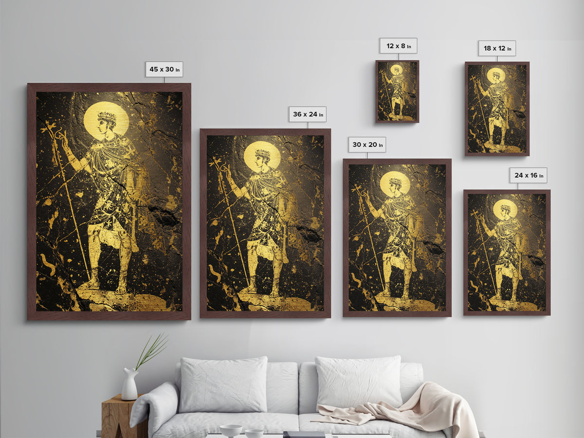 Constantine Metallic Gold Metal Print, Byzantine Roman Emperor Holding Staff Artwork, Regal Historical Wall Art, Wood Frame