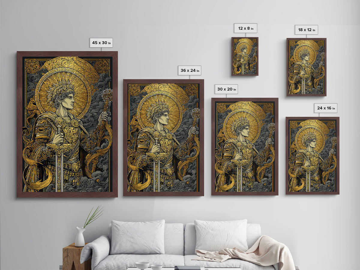 Classical Warrior God Artwork, Metallic Gold Metal Print, Mythology Wall Art, Ancient Roman Style, Real Wood Frame Decor