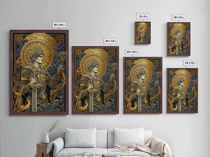 Classical Warrior God Artwork, Metallic Gold Metal Print, Mythology Wall Art, Ancient Roman Style, Real Wood Frame Decor