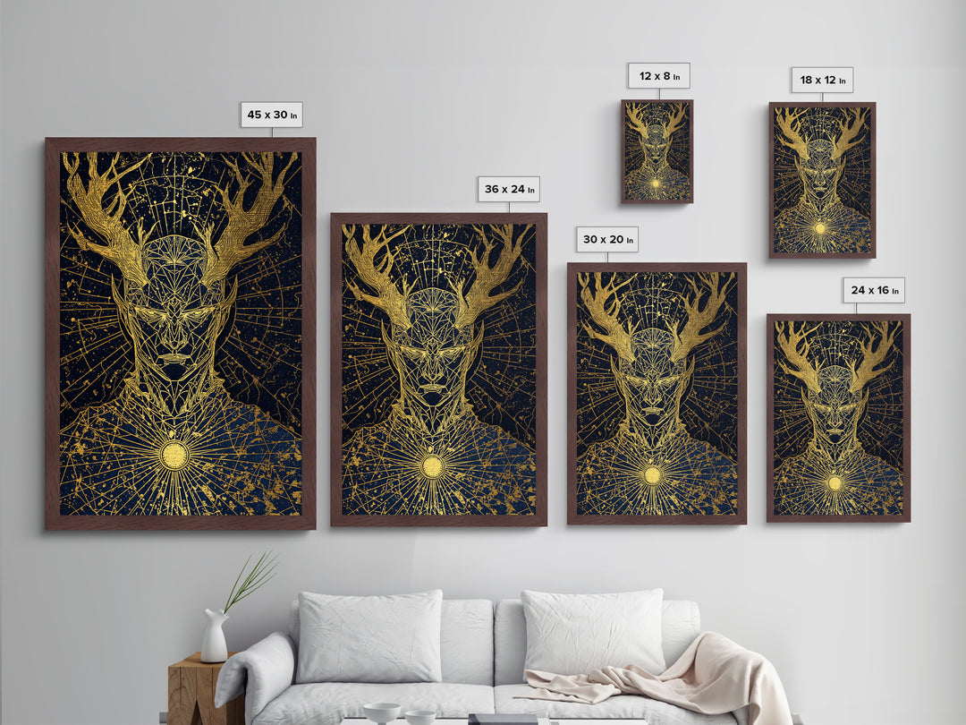 Geometric Antler God Artwork, Metallic Gold Art Print, Mythology Constellation Wall Decor, Cosmic Style, Real Wood Frame
