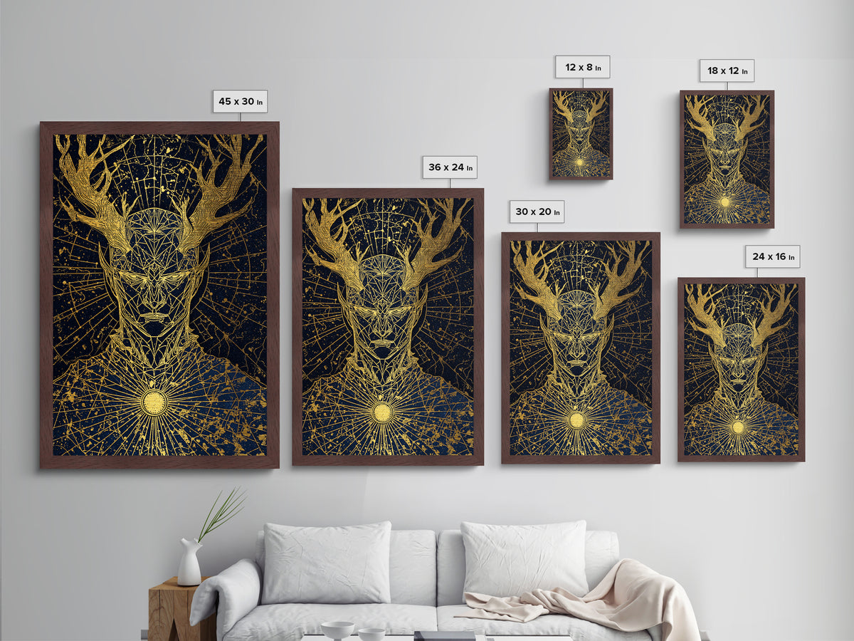Geometric Antler God Artwork, Metallic Gold Art Print, Mythology Constellation Wall Decor, Cosmic Style, Real Wood Frame
