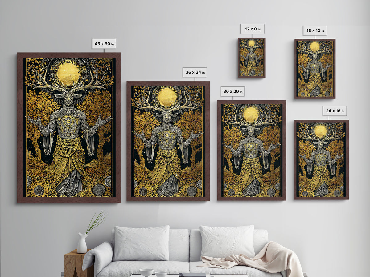 Forest Deer God Artwork, Metallic Gold Metal Print, Pagan Mythology Wall Art, Nature Spirit Decor, Real Wood Frame Accent