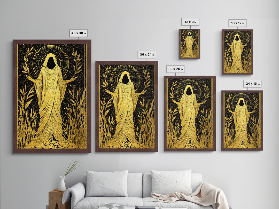 Mystical Hooded Figure Artwork, Metallic Gold Art Print, Mythology Spiritual Wall Decor, Divine Goddess Style, Real Wood Frame