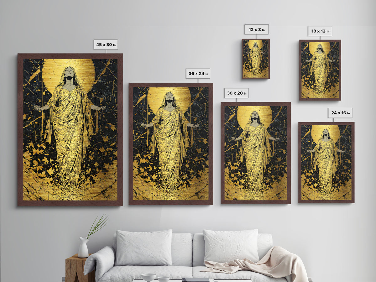 Ancient Goddess Rising Artwork, Metallic Gold Metal Print, Mythology Divine Feminine Wall Art, Celestial Style, Real Wood Frame