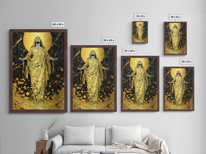 Ancient Goddess Rising Artwork, Metallic Gold Metal Print, Mythology Divine Feminine Wall Art, Celestial Style, Real Wood Frame