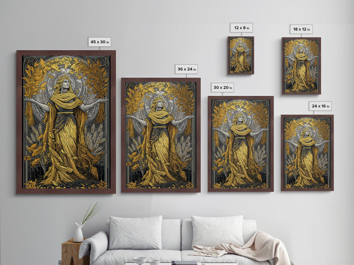 Harvest Goddess Artwork, Metallic Gold Art Print, Ancient Mythology Wall Decor, Wheat and Leaves Motif, Real Wood Frame Display
