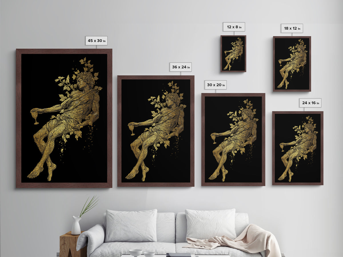 Resting God With Wine Artwork, Metallic Gold Metal Print, Mythology Dionysus Inspired Wall Art, Mosaic Style, Real Wood Frame