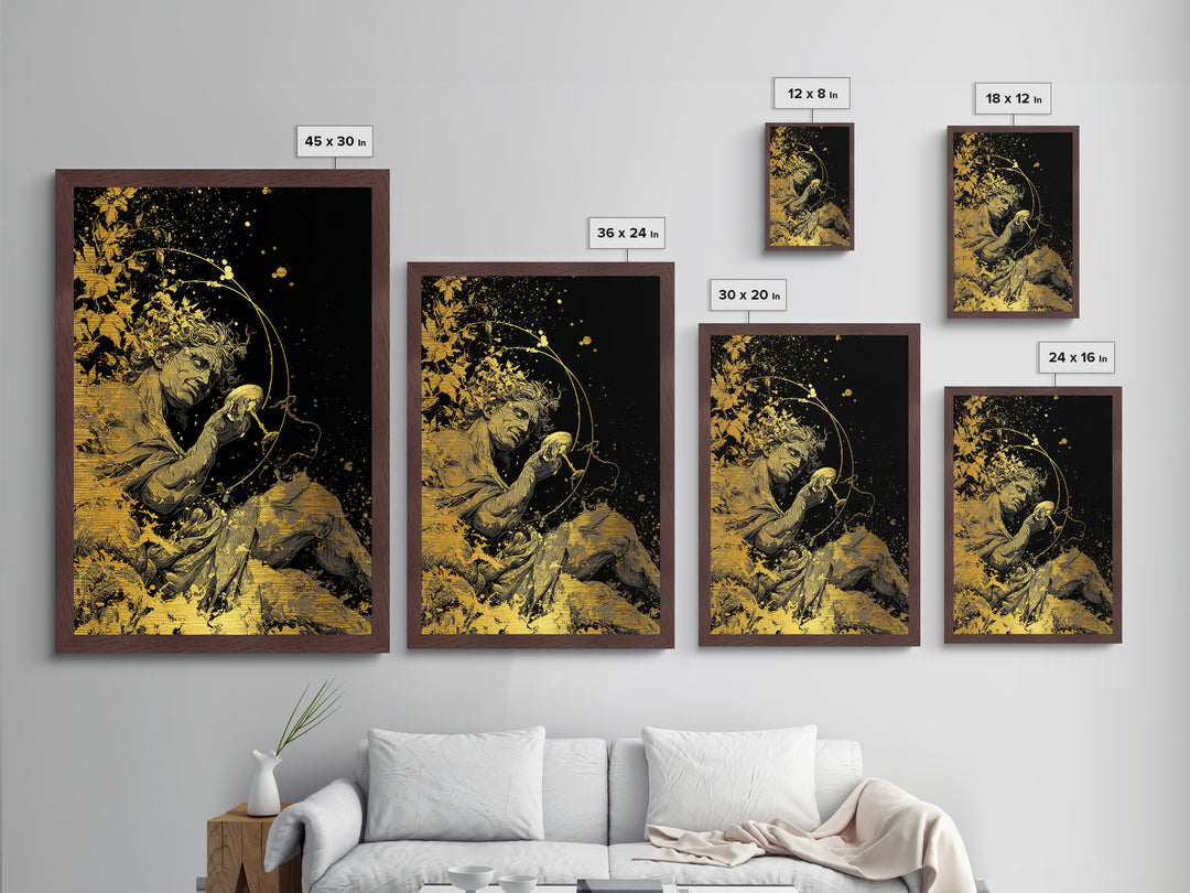 Mythology God Drinking Artwork, Metallic Gold Metal Print, Ancient Dionysus Inspired Wall Art, Wine Motif Decor, Real Wood Frame