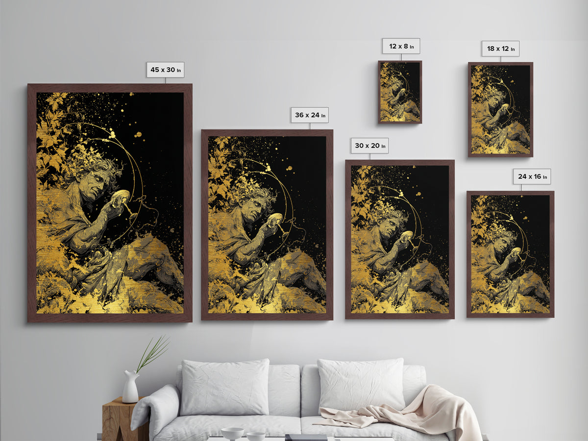 Mythology God Drinking Artwork, Metallic Gold Metal Print, Ancient Dionysus Inspired Wall Art, Wine Motif Decor, Real Wood Frame