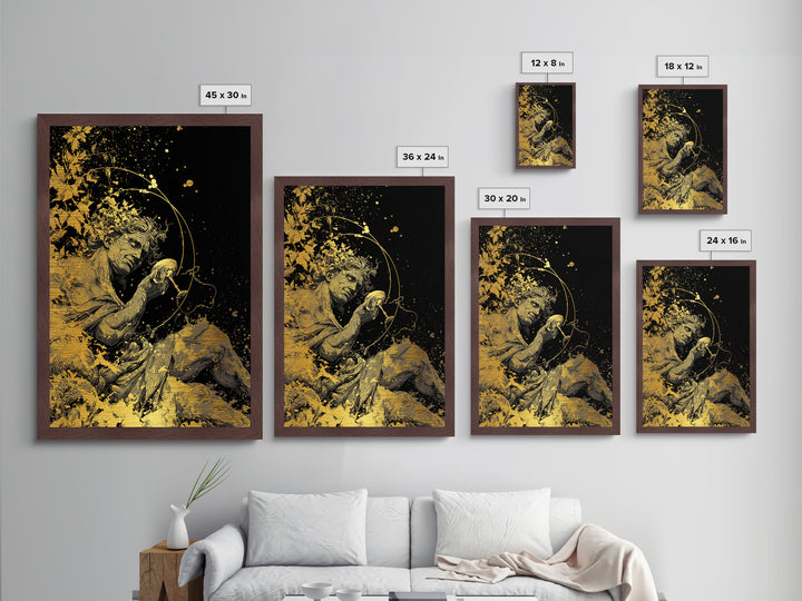 Mythology God Drinking Artwork, Metallic Gold Metal Print, Ancient Dionysus Inspired Wall Art, Wine Motif Decor, Real Wood Frame