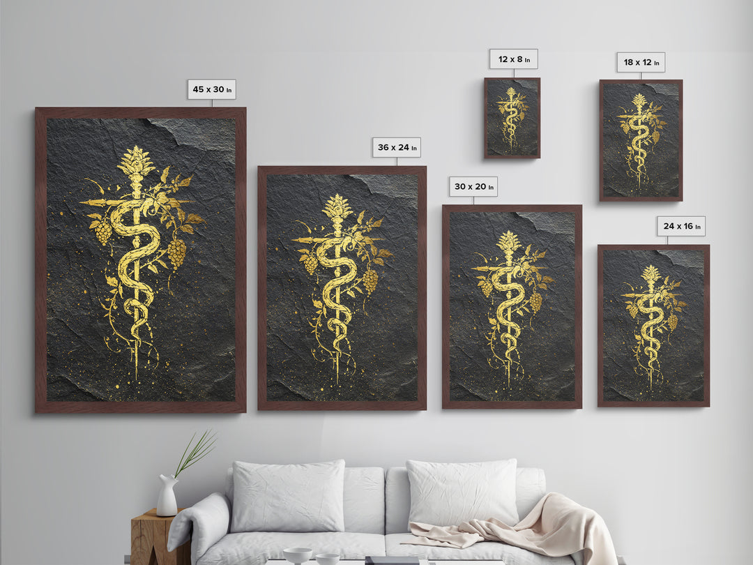 Mythical Serpent Staff Metallic Gold Metal Print, Ancient Symbolic Snake Art, Luxury Decor With Real Wood Frame