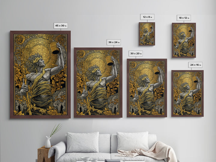 Dionysus Celebration Metallic Gold Metal Print, Greek God Of Wine Wall Art, Mythology Decor With Real Wood Frame