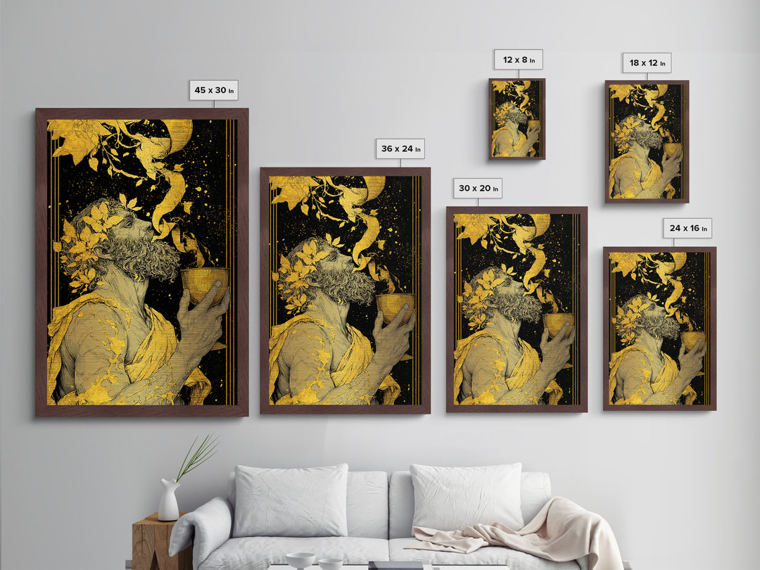 Bearded Dionysus Metallic Gold Metal Print, Greek Mythology Wine God Wall Art, Regal Luxury Decor With Real Wood Frame