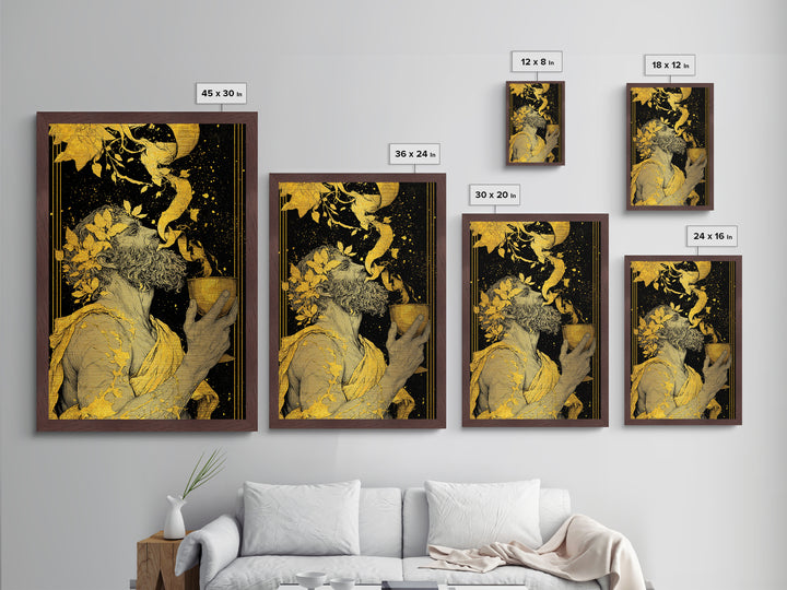 Bearded Dionysus Metallic Gold Metal Print, Greek Mythology Wine God Wall Art, Regal Luxury Decor With Real Wood Frame