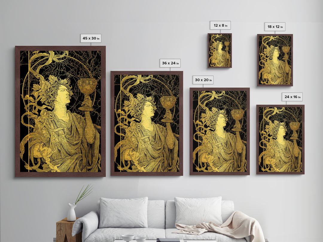 Dionysus With Chalice Metallic Gold Metal Print, Ancient Greek God Art, Mythology Home Decor With Real Wood Frame