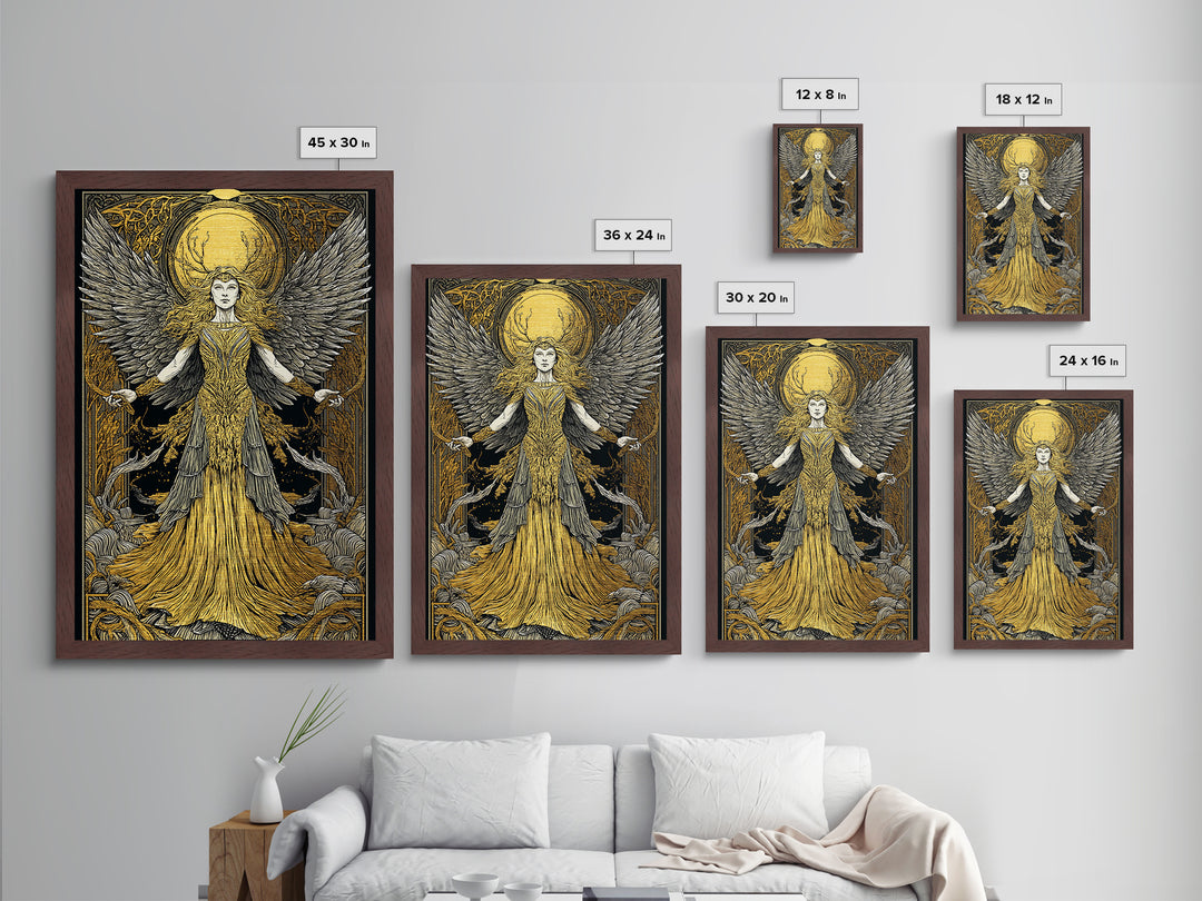 Mythical Winged Goddess Metallic Gold Metal Print, Fantasy Divine Woman Art, Ethereal Luxury Decor With Real Wood Frame