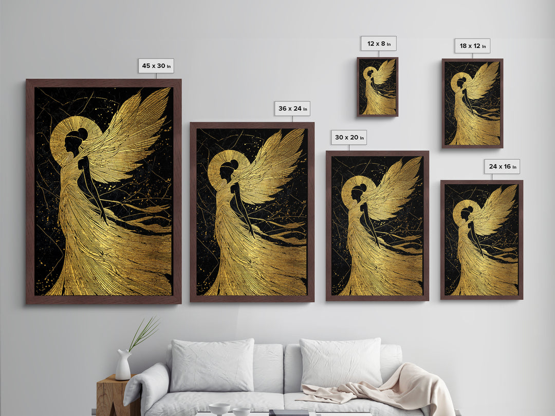 Golden Angelic Silhouette Metallic Gold Metal Print, Elegant Divine Figure Art, Celestial Decor With Real Wood Frame